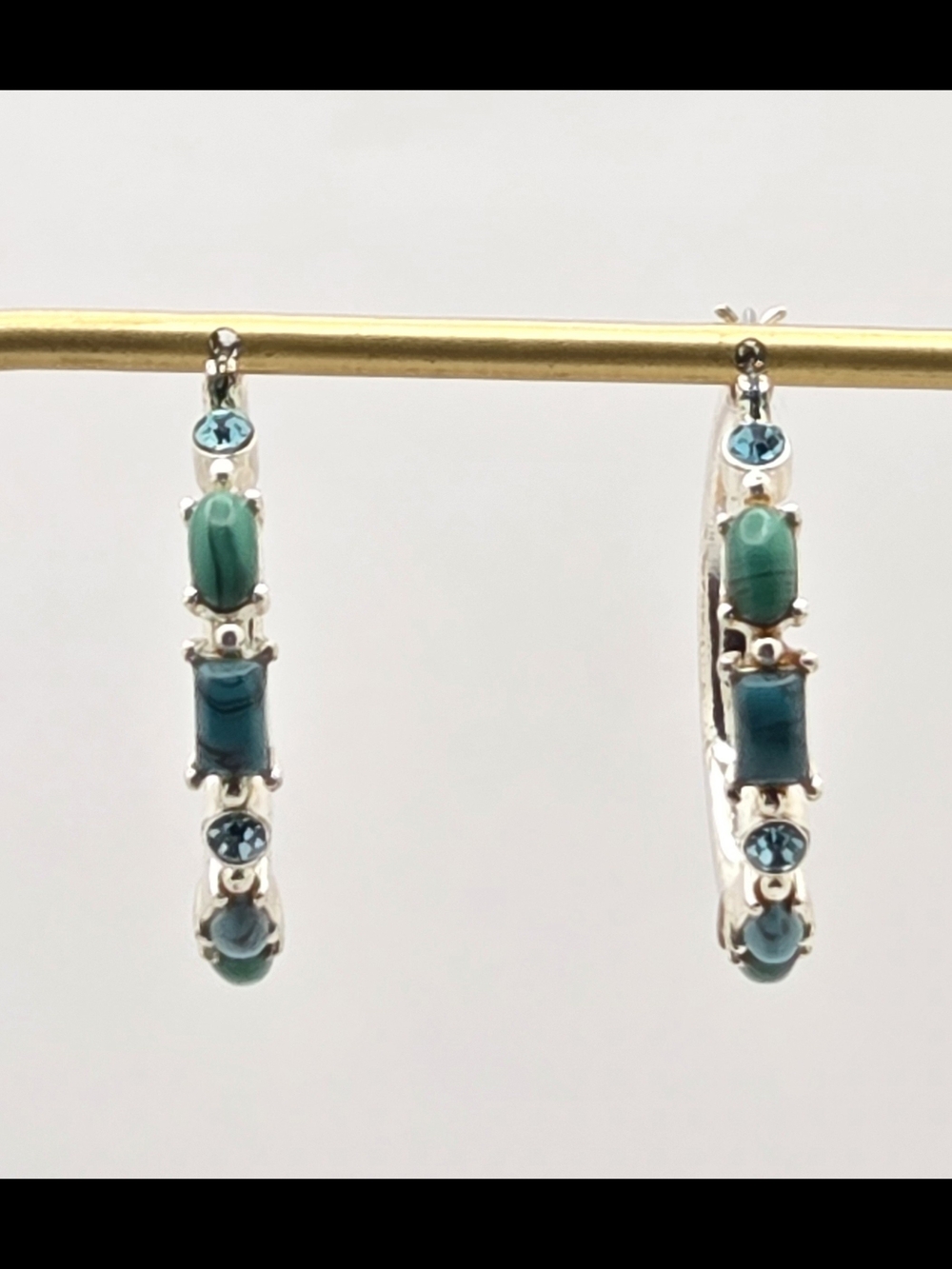 Vintage MONET Silver Tone Faux Malachite & Blue Crystal Hoop Earrings